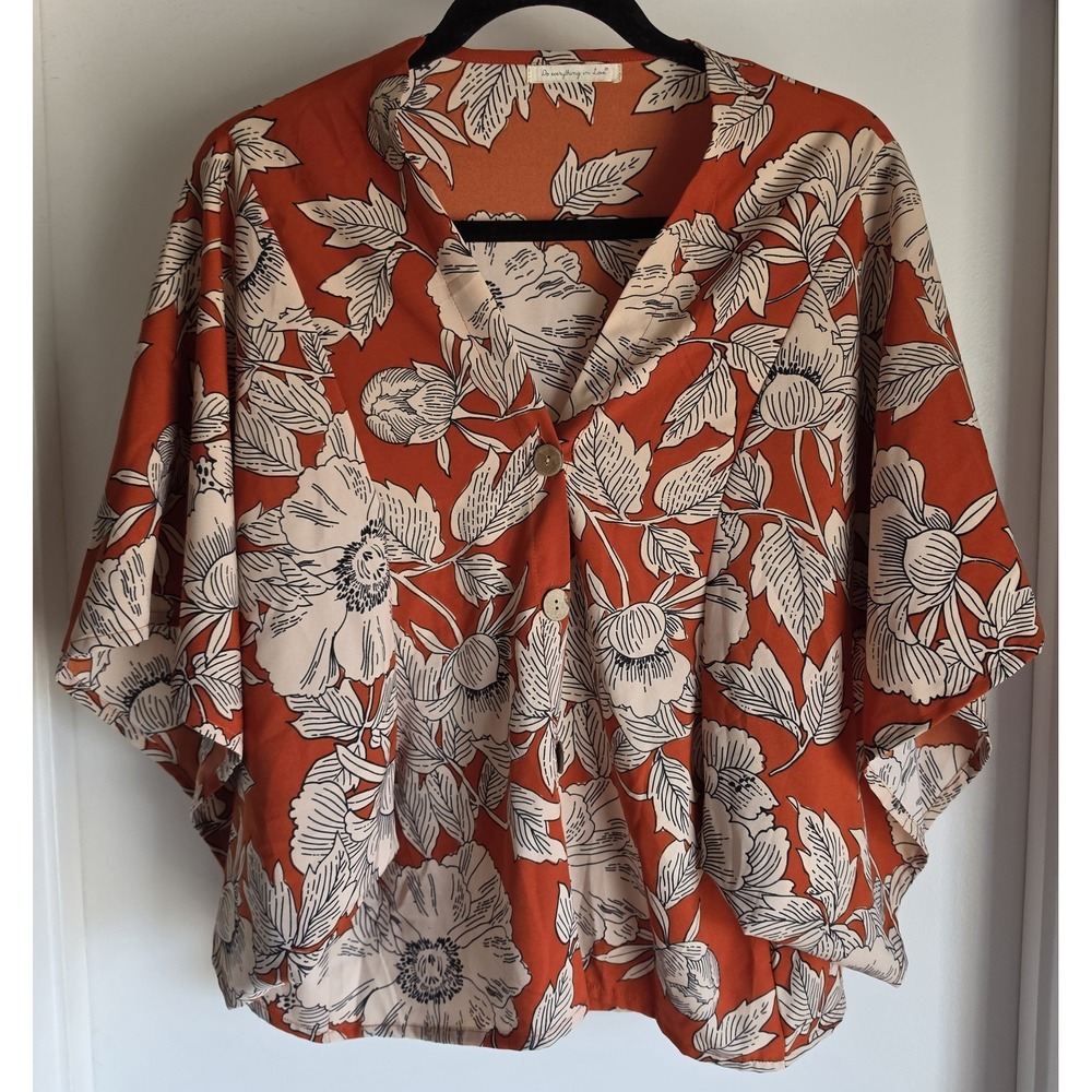 Do Everything in Love Blouse One Size Floral Orange Boho Collared Top Shirt Boxy
